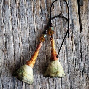 Artisan OAK Autumn Fern Seed Pod sterling silver PORCELAIN earrings